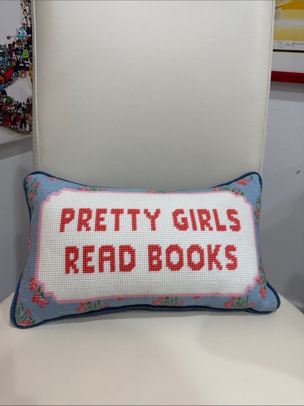 cupcakes & cashmere Blue and White 'Pretty Girls Read Books' Needlepoint Pillow
